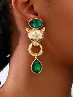 Anthropologie Gold Panther Drop Earrings with Emerald Stones